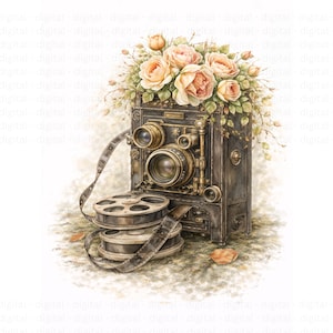 May include: An antique camera with brass accents and a bouquet of peach-colored roses on top. Film reels and a leather strap are in front of the camera. The image has a vintage aesthetic.