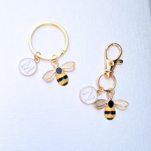 Personalized Enamel Bee Keychain, Gold  Bumblebee, Keyring with Initial Letter Charm New Home Gift