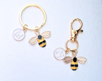 Personalized Enamel Bee Keychain, Gold  Bumblebee, Keyring with Initial Letter Charm New Home Gift