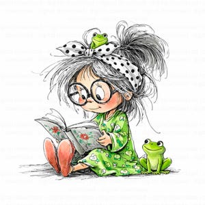 Girl With Frog Watercolor Clipart (Digital Download) Jpg White Background