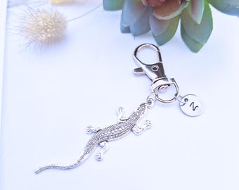 Lizard Keychain: Personalized Initial Reptile Charm, Stainless Steel Hook