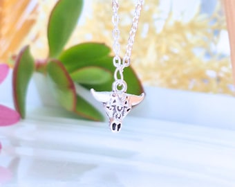Ox Skull Necklace: Silver Bull Charm, Western Boho Jewelry