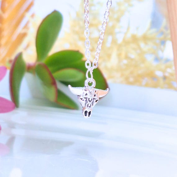 Ox Skull Necklace: Silver Bull Charm, Western Boho Jewelry - Etsy