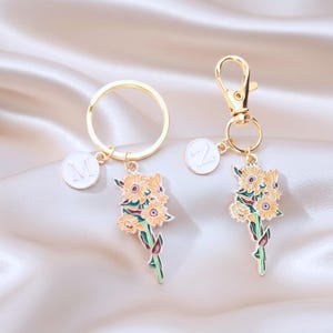 Charm bouquet de tournesols • Porte-clés avec initiales personnalisées • Émail doré