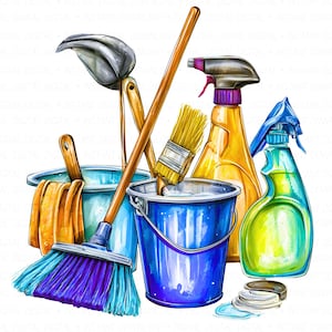 Pode incluir: Ilustração em aquarela de materiais de limpeza, incluindo uma vassoura, baldes, borrifadores, uma escova e um esfregão. A imagem apresenta uma vassoura azul e roxa, borrifadores amarelos e verdes e um balde azul com uma alça de madeira.