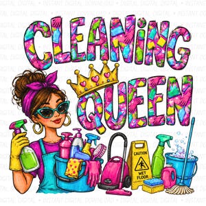 以下が含まれることがあります： カラフルな柄のブロック体で「CLEANING QUEEN」と書かれたデジタルイラスト。ピンクのヘッドバンドとサングラスをかけた人物がスプレーボトルを持ち、その横にはバケツ、掃除機、濡れた床の注意看板、モップが描かれています。