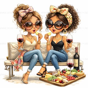 Può includere: Illustrazione digitale di due donne che si godono vino e formaggio. Sono sedute su una panchina, indossano occhiali da sole e tengono in mano calici di vino. Un tagliere di legno mostra vari formaggi, uva e frutta. È presente anche una bottiglia di vino.
