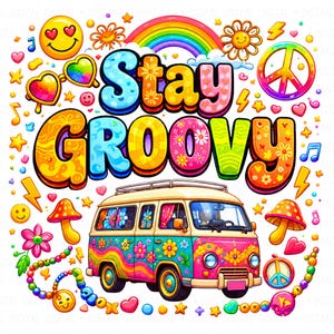 Design de van hippie Stay Groovy, PNG JPG, style rétro années 70, arc-en-ciel, sublimation (téléchargement numérique)