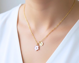 Personalized Flower Girl Necklace: Pink Enamel Initial, Gold Stainless Steel