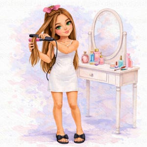 Puede incluir: Ilustración de una persona joven con cabello largo castaño usando una plancha para el cabello. Lleva un vestido blanco y sandalias negras con lazo. Un tocador con espejo y productos de belleza está en el fondo. La imagen tiene un estilo acuarela.