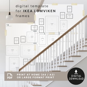 Könnte beinhalten: Eine digitale Vorlage für IKEA LOMVIKEN-Rahmen wird an einer weißen Wand mit verschiedenen Rahmenformaten gezeigt. Der Text "digital template for IKEA LOMVIKEN frames" steht oben. Der untere Teil des Bildes enthält den Text "PRINT AT HOME (A4 / A3) OR LARGE FORMAT PRINT".