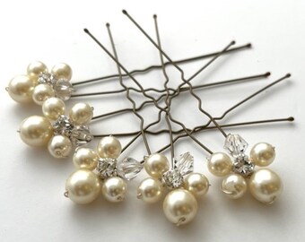 Handmade Pearl and crystal rhinestone hair pin set of 5 for bride or bridesmaid. Wedding hairpin accessory.