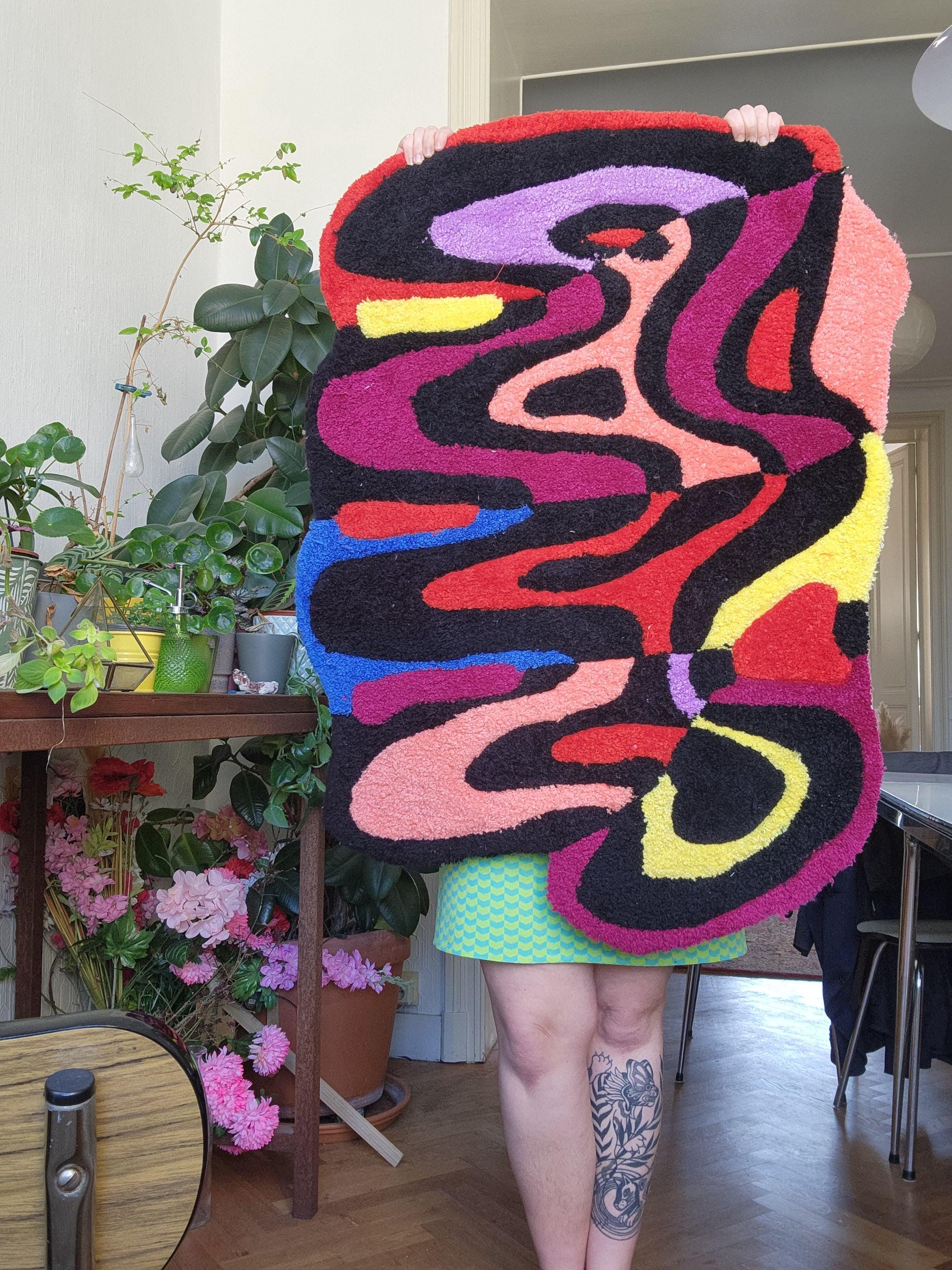 Tapis Tufté Main, Décoration Murale, Psychédélique, Damier, Doux, Confort