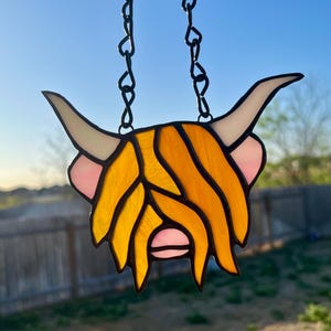 Highland Cow Stained Glass Suncatcher: Opal Glass Accent