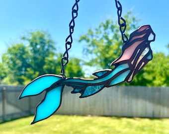 Stained Glass Mermaid Suncatcher: Blue Iridescent Tail, Nixie Decor