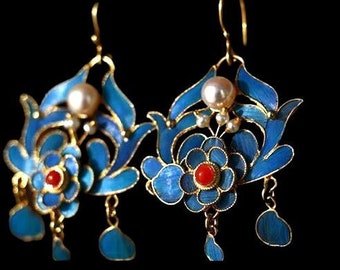 Handmade Blue Cloisonne Floral Earrings Copper Gold Cloisonne with Pearl Earrings Retro Pearl Earrings Cloisonne Pearl Earrings Jewelry