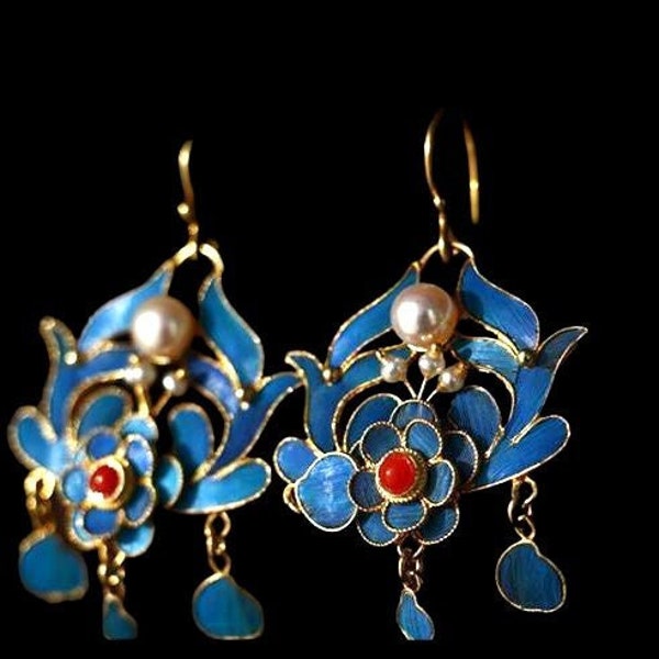 Handmade Blue Cloisonne Floral Earrings Copper Gold Cloisonne with Pearl Earrings Retro Pearl Earrings Cloisonne Pearl Earrings Jewelry
