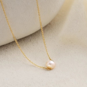Premium Pearl Necklace Gold, Real Freshwater Pearl Necklaces, Pearl Floating Necklace, 10mm Pearl Necklace, Sterling Silver Chain 16 Inches
