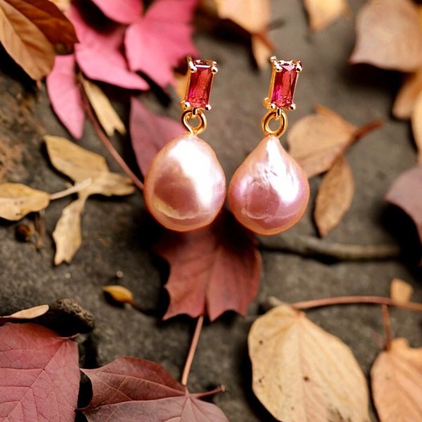 Boucles d'oreilles pendantes uniques avec perles baroques naturelles Boucles d'oreilles pendantes baroques violettes délicates femmes carré rose zircone bijoux de mariage