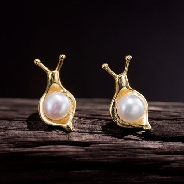 925 Sterling Silver Snail Earrings, Recycled Sterling Silver, Snail Stud Earrings, Gold Snail Earrings, Snail Pearl Earrings Insect Jewelery