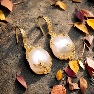 Art Deco Natural Baroque Pearl Earrings Elegant Baroque Pearl Drop Earrings Golden Wire Wrapped Pearl Earrings Bridal Wedding Jewelry