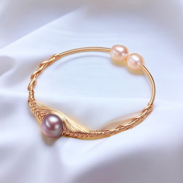 Art Deco Edison Pearls Bracelet, Wire Wrap Bracelet, Pearl Bangle, Natural Freshwater Pearl Bangle, Purple Pearl Bangle Bracelet, Real Pearl