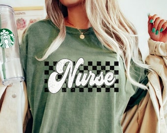Comfort Colors Checkered Nurse Shirt, Retro Nurse Shirt, Gift for Nurse, RN Tshirt, Registered Nurse T-Shirt, New Nurse Graduation Gift Tee
