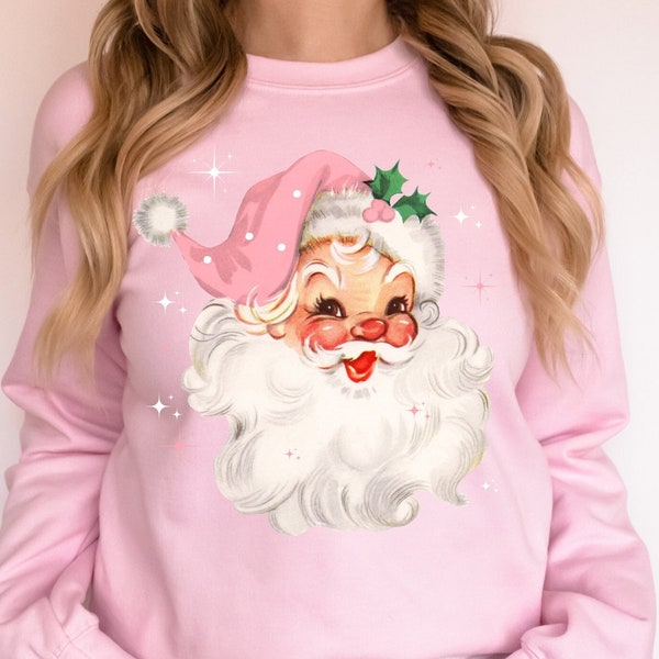 Pink Christmas Santa Sweatshirt, Retro Pink Santa Hat Sweater, Classic Christmas Santa, Pink Christmas, Vintage Santa Holiday Shirt, Pajamas