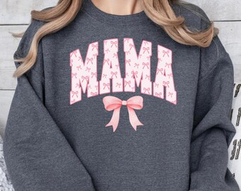 Coquette Pink Mama Sweatshirt, Cute Pink Bow Mama Tshirt, Mother's Day Gift, Trendy New Mom Gift, Mom Life, Pregnancy Reveal, Baby Shower
