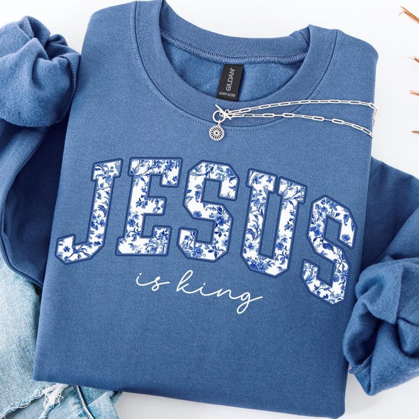 Jesus is King Sweatshirt, Blue Toile de Jouy, Christian Apparel
