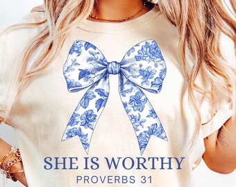 She Is Worthy Proverbs 31 Comfort Colors T-Shirt: Christian Coquette Bow Tee Gift