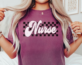 Comfort Colors Checkered Nurse T-Shirt, Retro RN Graduation Gift