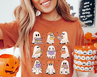 Ghost Reading Books Comfort Colors Shirt - Bookish Halloween Tee