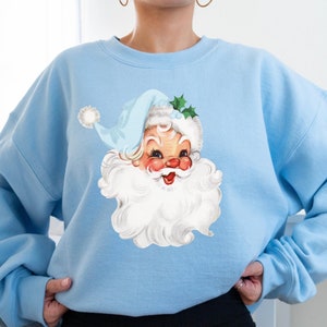 Blue Santa Sweatshirt, Family Matching Classic Christmas Santa Sweatshirt Light Blue Santa Hat Sweater Vintage Santa Holiday Shirt, Pajamas