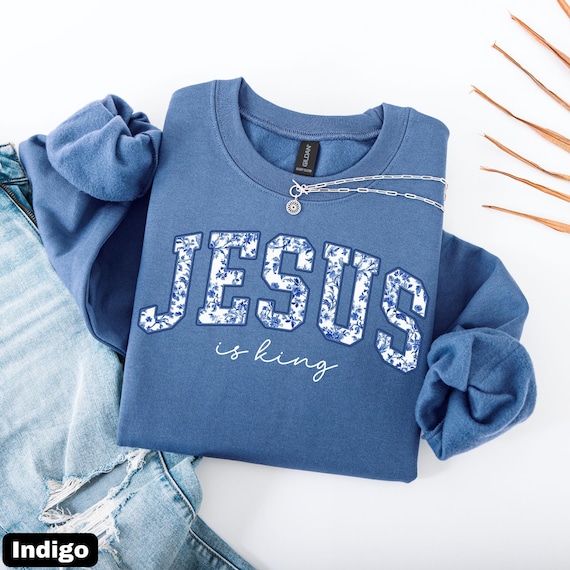 Jesus is King Sweatshirt, Blue Toile de Jouy, Christian Apparel
