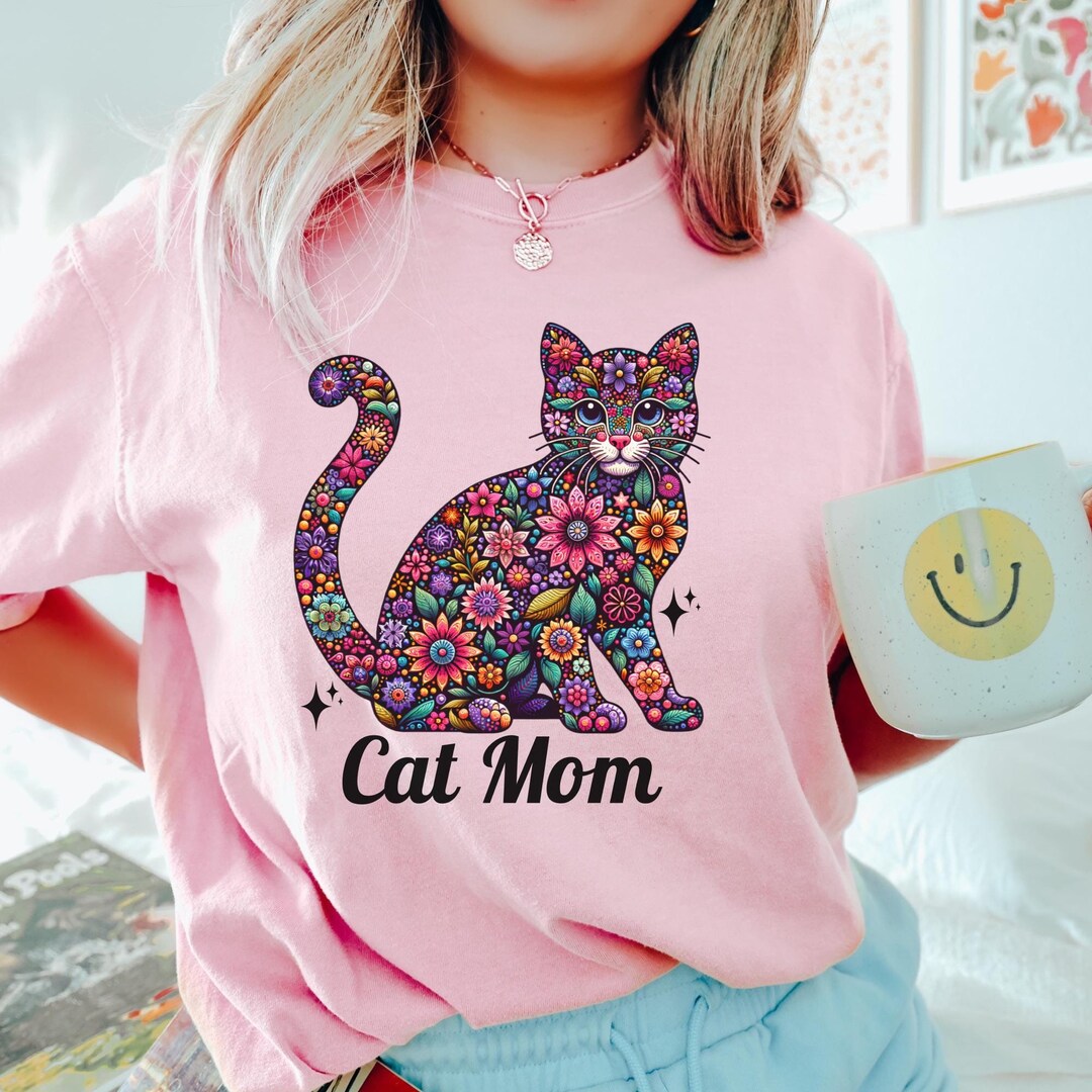 Floral Cat Comfort Colors Shirt - Cat Mom Gift - Etsy