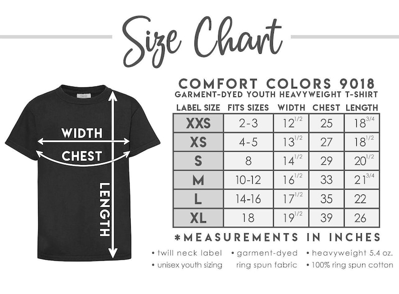 May include: Size chart for youth heavyweight t-shirts in Comfort Colors 9018. The chart shows label size, fits sizes, width, chest, and length in inches. The chart also includes details about the fabric and construction of the shirts.