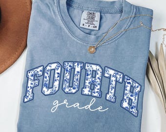 Comfort Colors Fourth Grade Teacher Shirt: Toile de Jouy Floral Tee