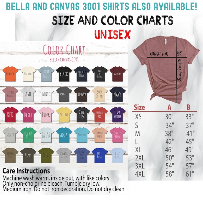 May include: Unisex size and color chart for Bella + Canvas 3001 shirts. The chart shows 24 different color options for the shirts, along with a size chart with measurements in inches for chest and body length.