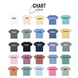 May include: Chart of 25 different t-shirt colours with names for each colour. The colours include white, ivory, butter, mystic blue, chalky mint, pepper, moss, flo blue, midnight, mustard, graphite, black, navy, grape, grey, blossom, berry, cumin, blue jean, light green, yam, blue spruce, chambray, crunchberry, and bay.
