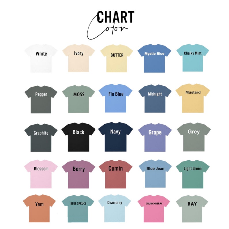 May include: Chart of 25 different t-shirt colours with names for each colour. The colours include white, ivory, butter, mystic blue, chalky mint, pepper, moss, flo blue, midnight, mustard, graphite, black, navy, grape, grey, blossom, berry, cumin, blue jean, light green, yam, blue spruce, chambray, crunchberry, and bay.