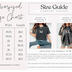 May include: Size chart for oversized t-shirts with measurements in inches for sizes S through 4XL. The chart shows the width and length of each size. Two models are shown wearing the shirts, one wearing a size M and the other wearing a size XL.