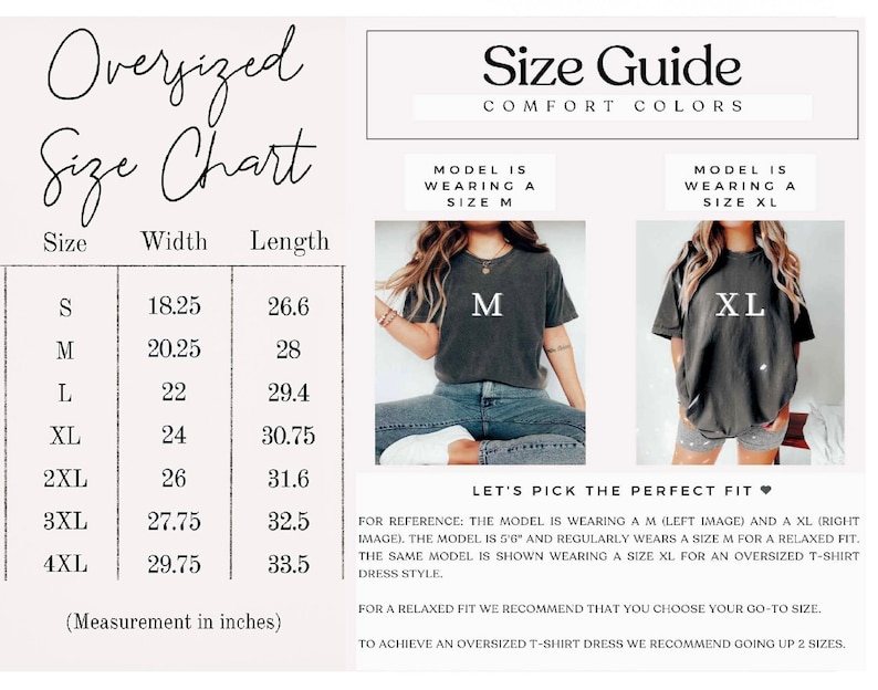 May include: Size chart for oversized t-shirts with measurements in inches for sizes S through 4XL. The chart shows the width and length of each size. Two models are shown wearing the shirts, one wearing a size M and the other wearing a size XL.