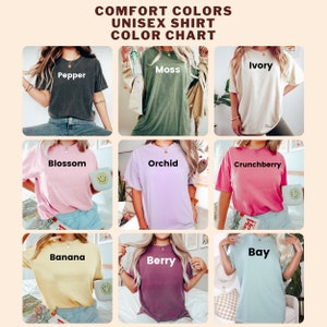 May include: Colour chart for unisex t-shirts in various colours, including Pepper, Moss, Ivory, Blossom, Orchid, Crunchberry, Banana, Berry, and Bay.