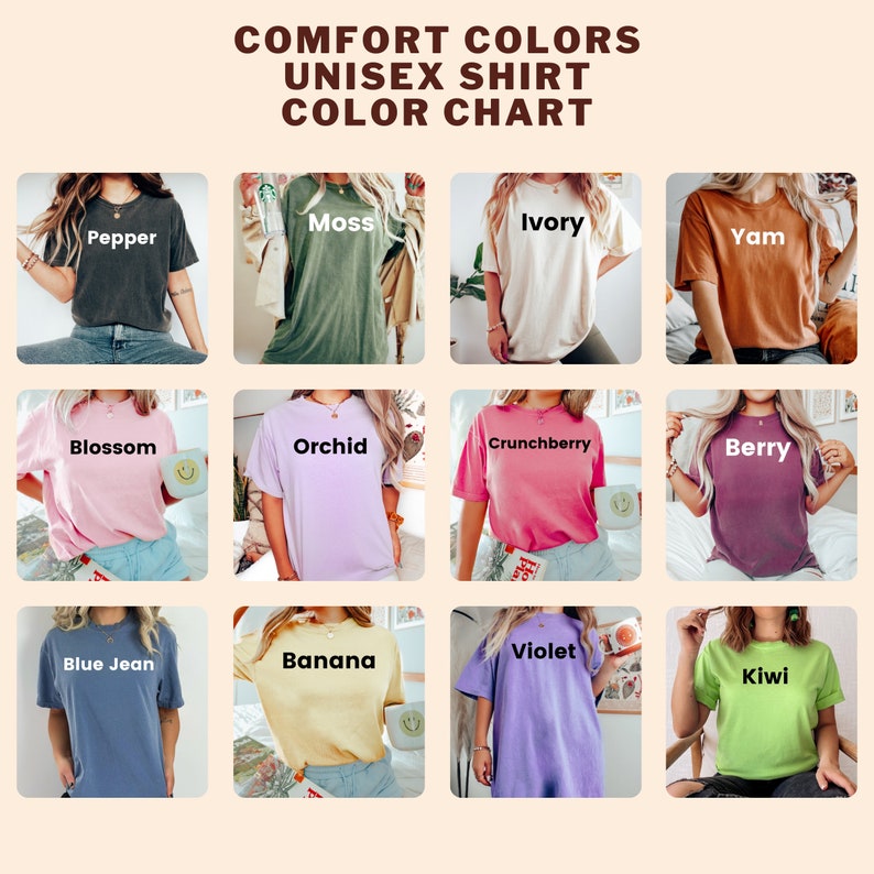 May include: Color chart showing 12 different unisex t-shirt colors. The colors are: Pepper, Moss, Ivory, Yam, Blossom, Orchid, Crunchberry, Berry, Blue Jean, Banana, Violet, and Kiwi.