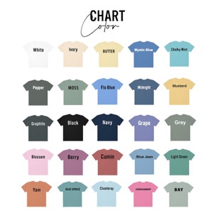 May include: Chart of 25 different t-shirt colours with names for each colour. The colours include white, ivory, butter, mystic blue, chalky mint, pepper, moss, flo blue, midnight, mustard, graphite, black, navy, grape, grey, blossom, berry, cumin, blue jean, light green, yam, blue spruce, chambray, crunchberry, and bay.