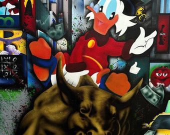 May include: A colorful painting featuring Scrooge McDuck riding a bull in a city setting. The artwork includes various pop culture references, such as the Statue of Liberty, Sonic the Hedgehog, and Coca-Cola. The painting has a graffiti-style aesthetic with bold colors and dynamic composition.