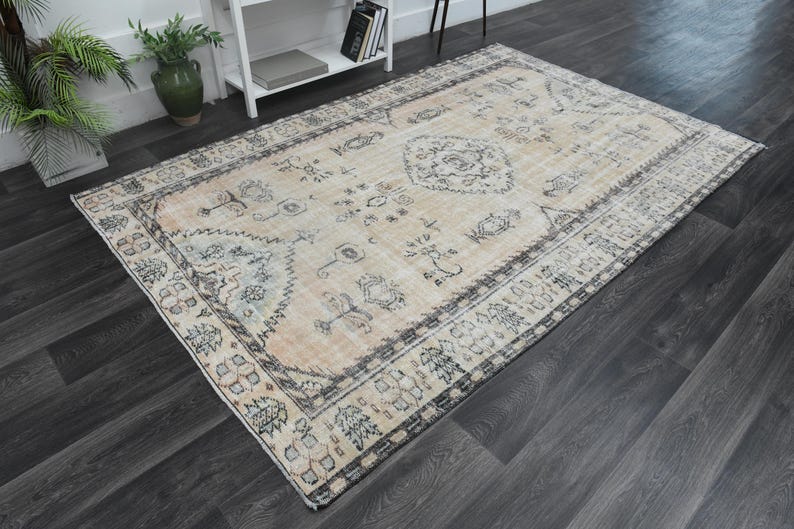 May include: A rectangular area rug featuring a faded beige and cream base with intricate dark grey and charcoal floral and geometric patterns. The design includes a central medallion and a wide, detailed border with repeating motifs.