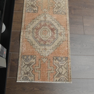 1.4x2.7 ft, ORANGE SMALL RUG, Turkish Rug, Mini Bathroom Rug, Small Rug Door Mat, Vintage Bath Mat, Handwoven Rug, Orange Beige Brown Rug