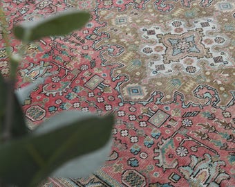 手織りウール製ウシャク絨毯：花柄の高級エリアラグ（9フィート7インチ